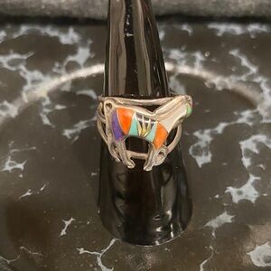 925 Zuni Sterling Silver Horse Ring with,Coral, Mother of PearTurquoise Sz6